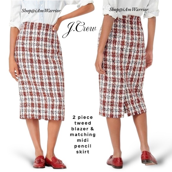 J.Crew 2 PC crimson plaid tweed jacket + matching midi skirt - Picture 4 of 15